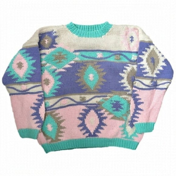 Vintage 80s Pastel Aztec Southwestern Boxy Mock Neck Pullover Sweater - M - Picture 8 of 9